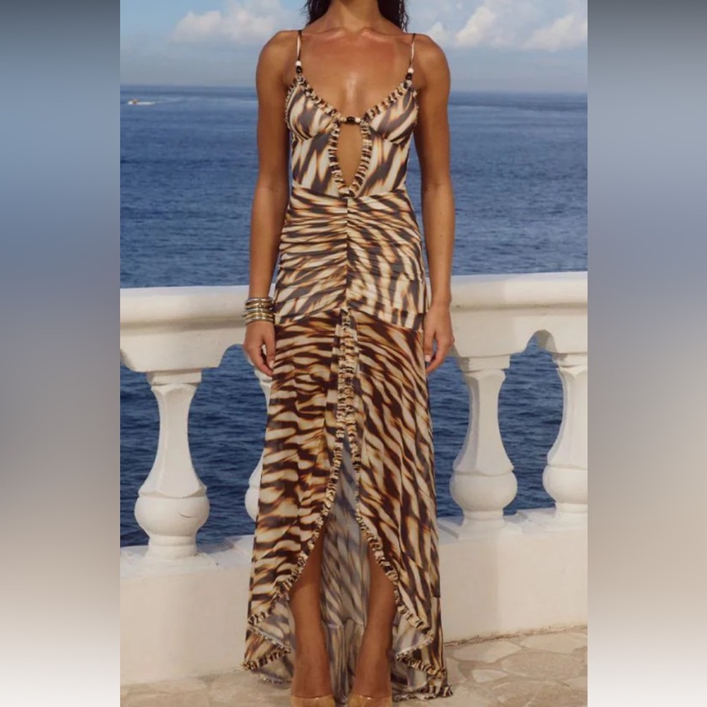 Animal Print Brown Maxi Dress with Front Slit